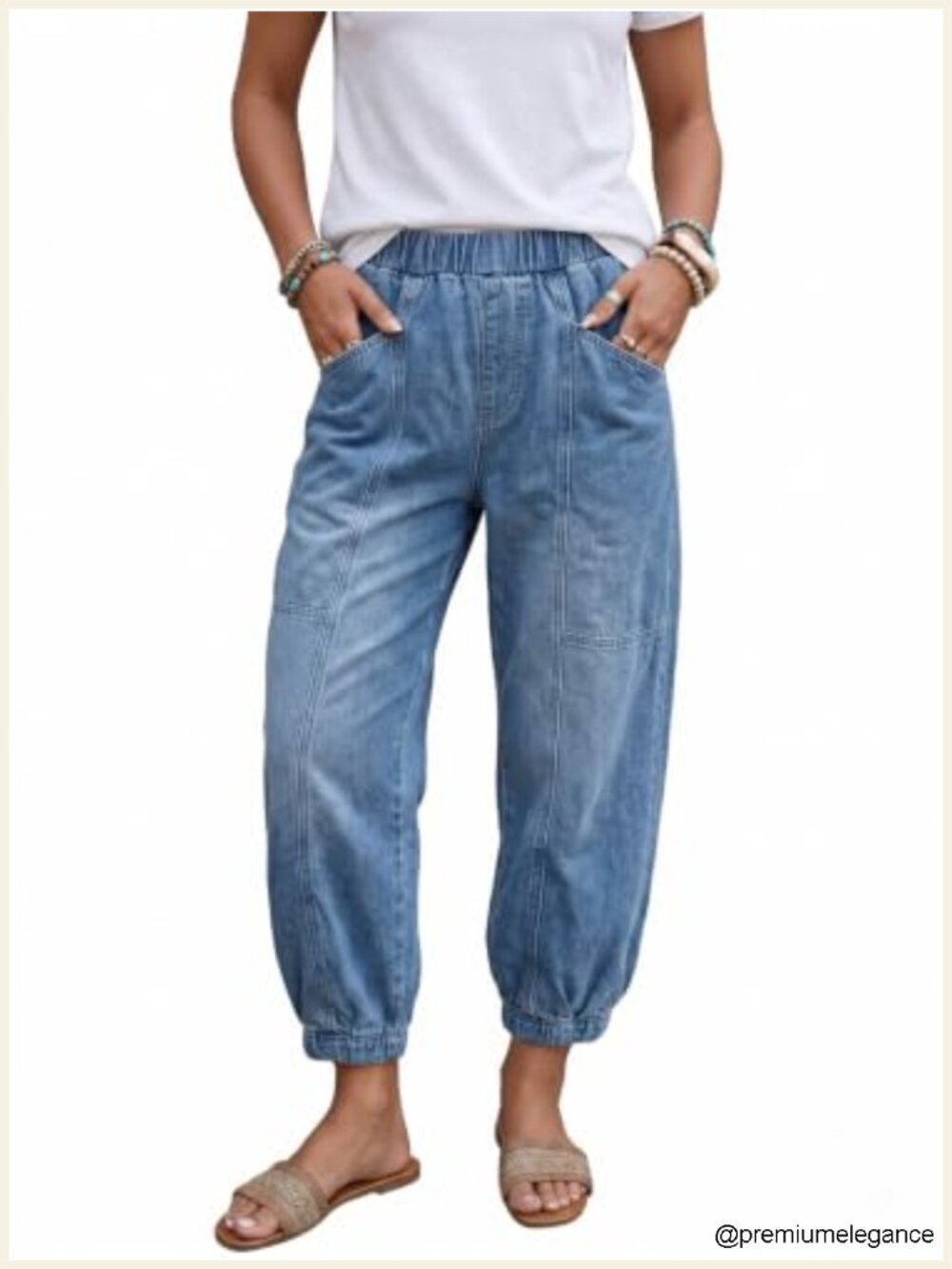 Wide Leg Cropped Jeans Women Elastic Waist Pull On Tapered Barrel Leg Cotton